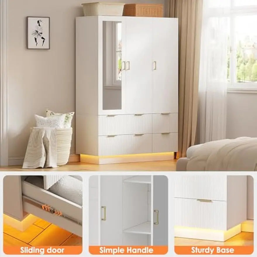 Armoire Wardrobe Closet with 3 Door, Bedroom Armoires with Mirror and LED Lights, Hanging Rod, Drawers