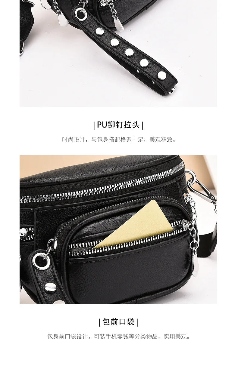 Luxury Multi-pocket 100% cowhide Crossbody Bags For Women Black Shoulder Messenger Handbags Small Chest Bag Travel Saddle bag