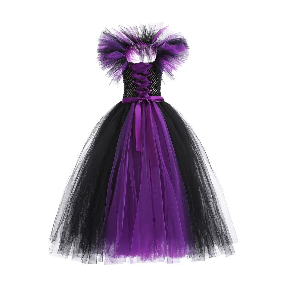 Halloween Costume For Kids Black Purple Witch Dress Luxury Lace Evil Role Playing Costume Maleficent Dress Up Outfit Tulle Dress