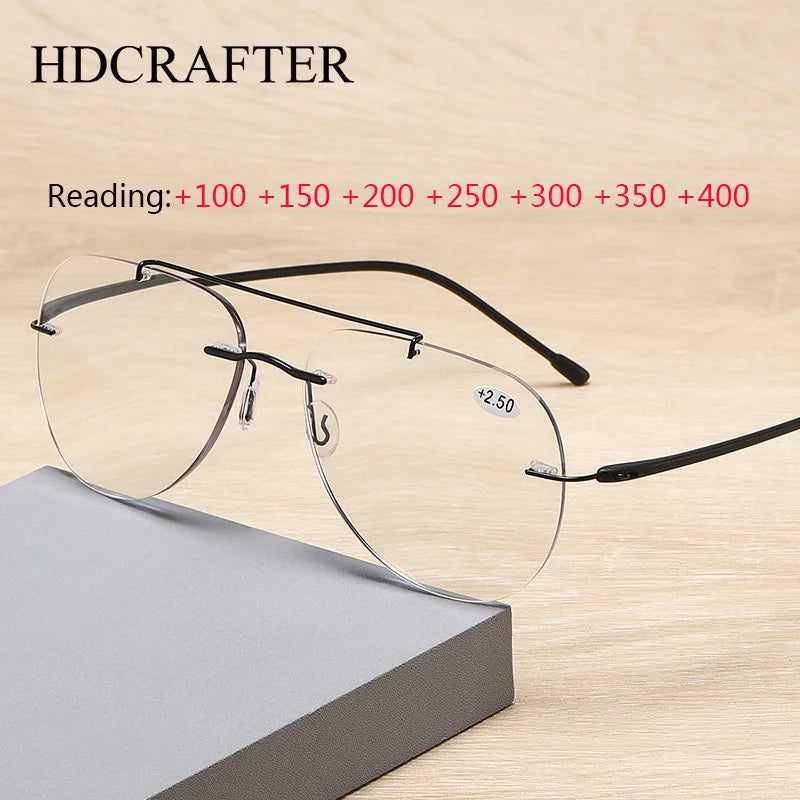 HDCRAFTER Multifocal Rimless Reading Glasses Photochromic Progressive Anti Blue Light Titanium Alloy Sun Glasses +100 to +400