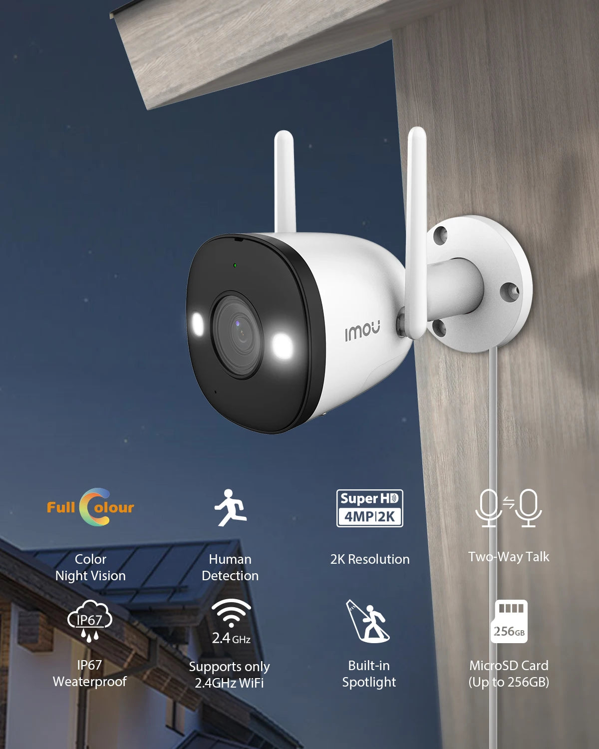 IMOU Bullet Security Camera 2.4GHz WiFi IP Camera Outdoor with IP67 Wi-Fi 6 Surveillance Camera Human Detection 24/7 Recording