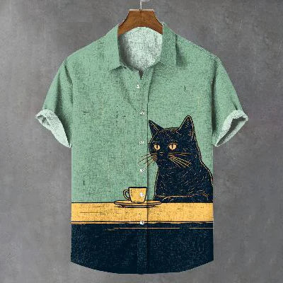 Summer Men's Shirt Animal Pattern Print Cat Shirts Casual Short Sleeve Streetwear Fashion Oversized Male Clothing Cardigan Top