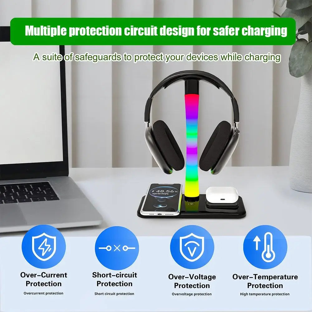 Multi Functional Headphone Stand Multi In One Wireless Charger Colorful LED Ambient Light Bracket For Headphones