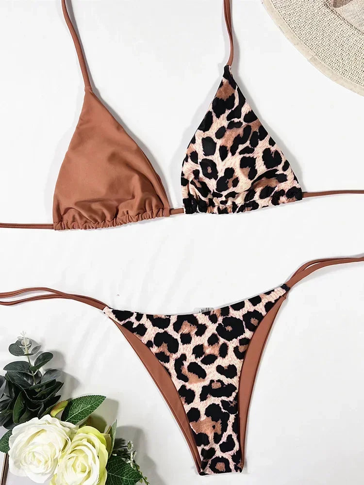 Halter Splicing Leopard Bikinis 2026 Satin Bikini Female Swimsuit Women Swimwear Two-pieces Bikini Set Micro Bathing Suit Swim