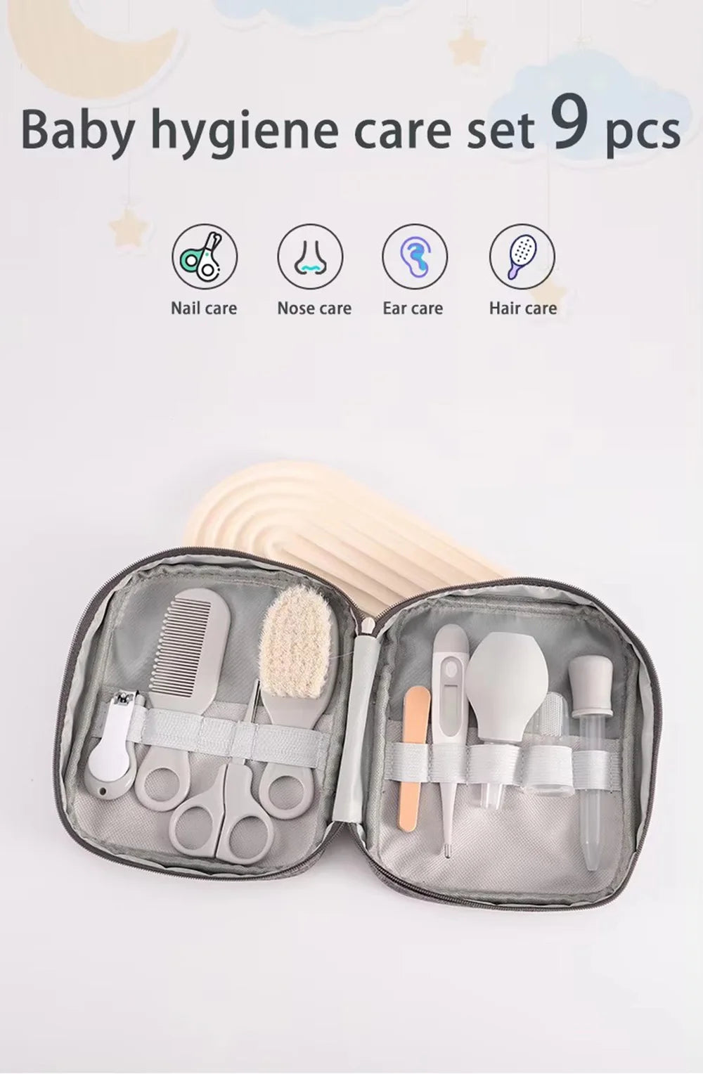 Baby Grooming Kit 9PCS Newborn Care Set with Nail Clipper Hair Brush Comb Thermometer Baby Hygiene Essentials Travel Kit
