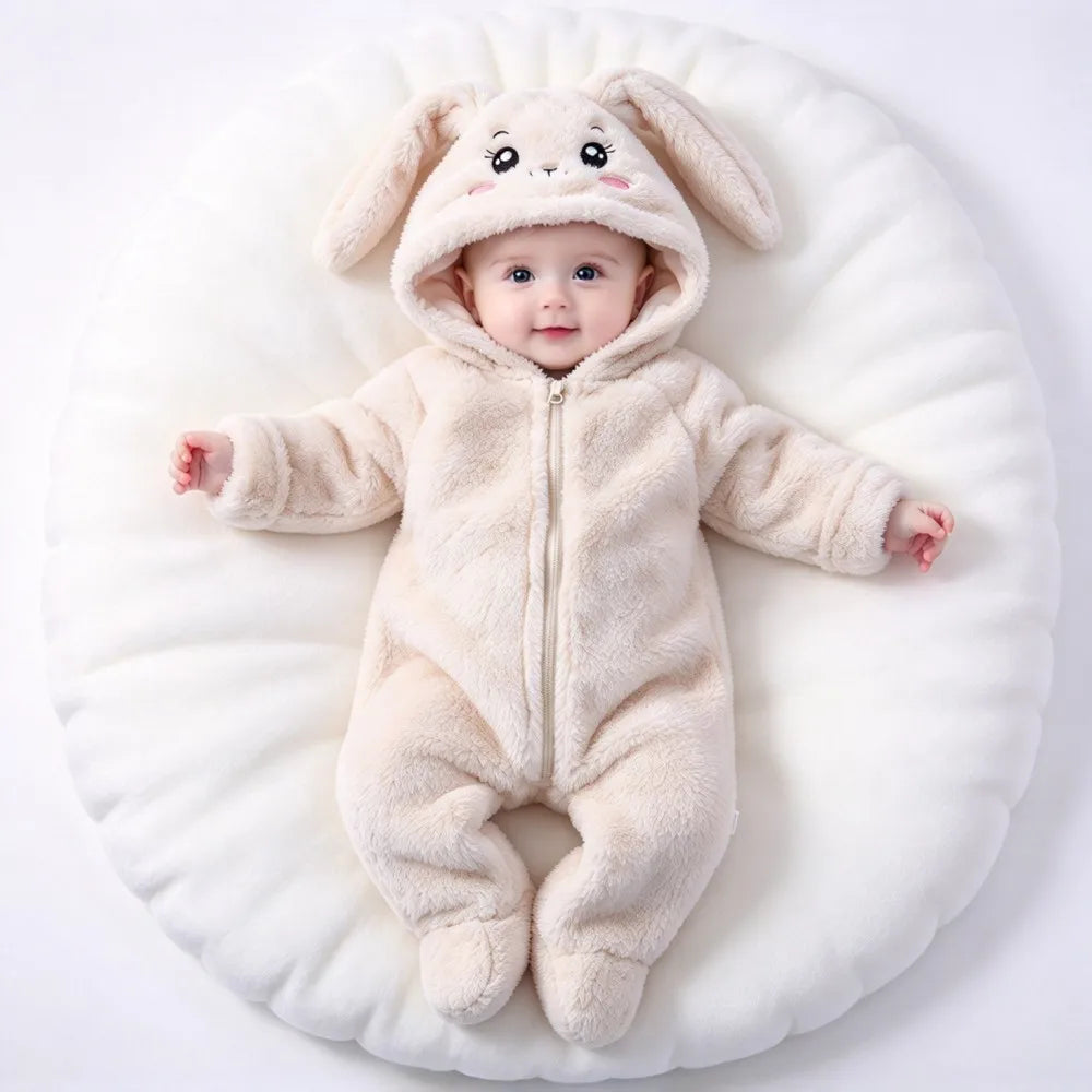 Baby Animal Onesie 0-12M Panda Bunny Bear Hooded Plush Romper Soft Warm Coral Fleece Jumpsuit Newborn Bodysuit Winter Costume