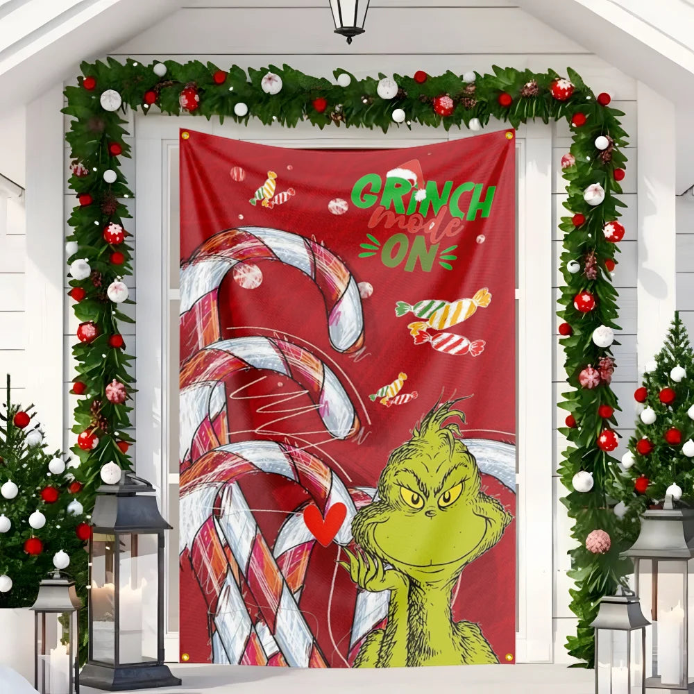 New Christmas Door hanging Green Haired Monster Christmas Flag Red Green Yard Outdoor Decoration Party Scene Decor
