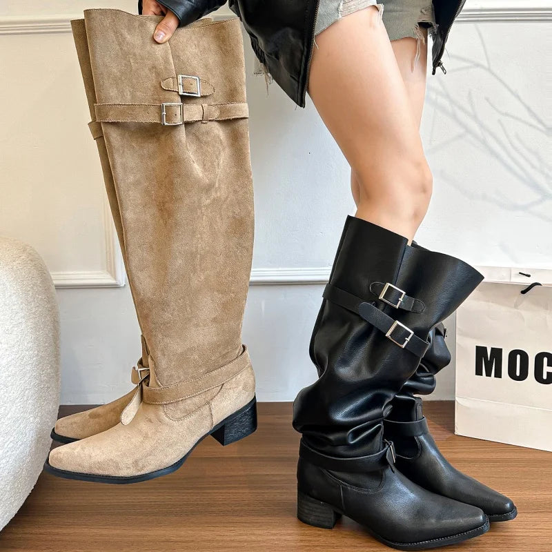 Women's Chelsea Boots 2025 Autumn New Suede High Heel Knee-high Boots Sexy Pointed Designer Elegant Banquet Ladies Gothic Boots