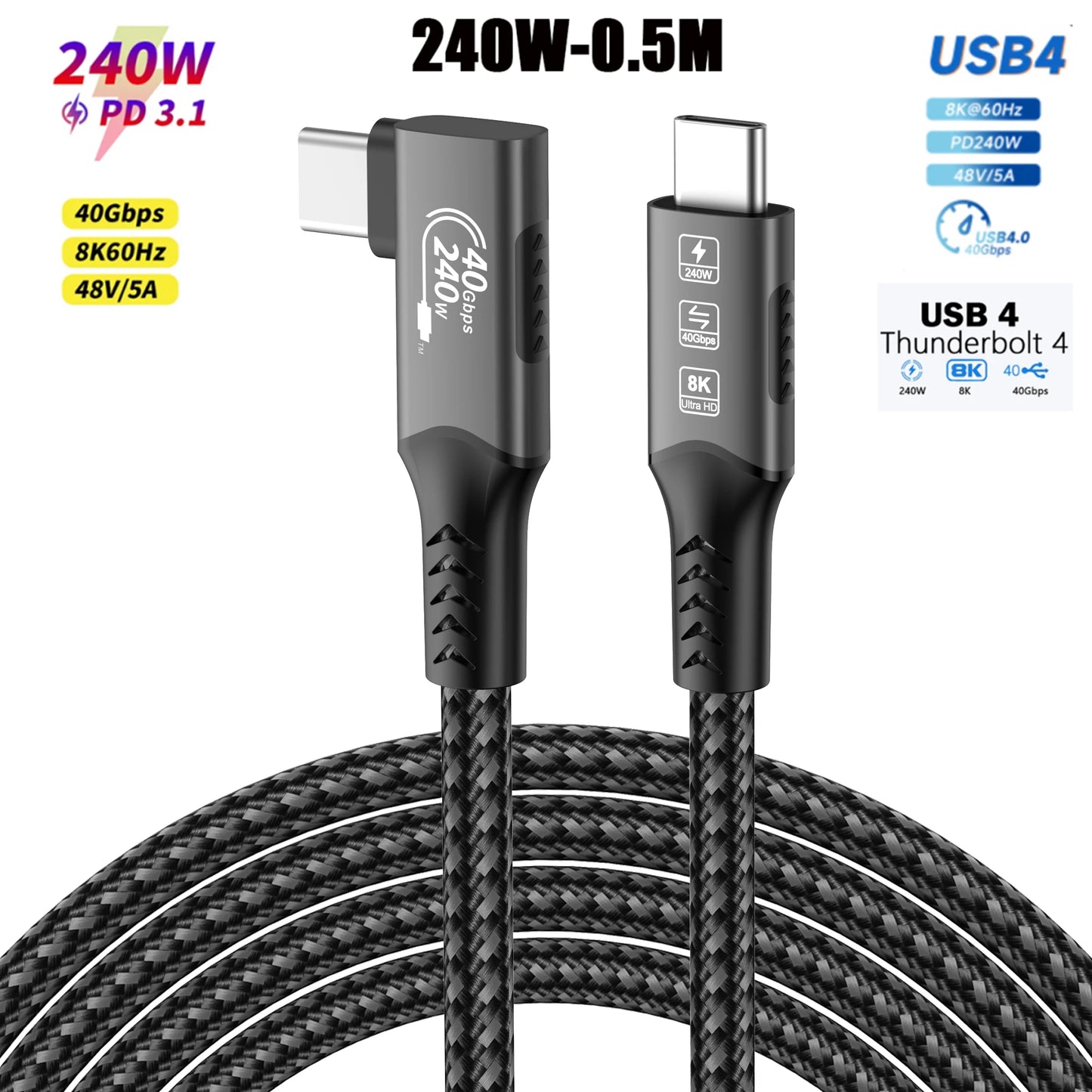 USB4 Cable 40Gbps 48V 240W For Thunderbolt 4 Type C Fast Charging Cable Thunderbolt3 USB C to C Data Transfer Cable For laptop