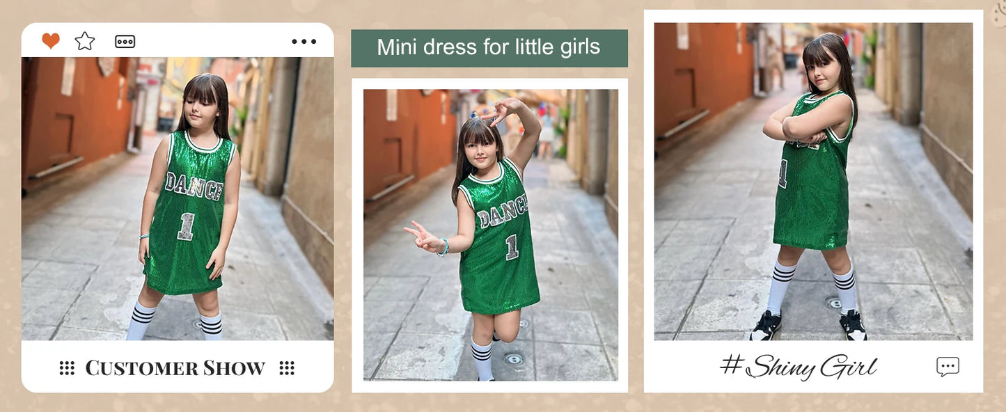 LOlanta Girls Hip Hop Dance Clothes Kids Jersey Sequin Dress Long Tank Top Jazz Cheerleading T-Shirt