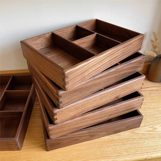 Compartment Solid Walnut Desk Organizer Precision-Crafted Wooden Storage Box for Office Supplies & Stationery