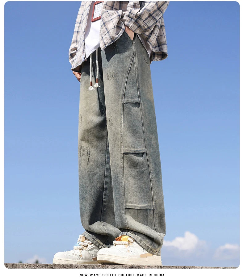 Jeans men's American high street vintage washed crease splicing men's spring and fall models loose straight pants