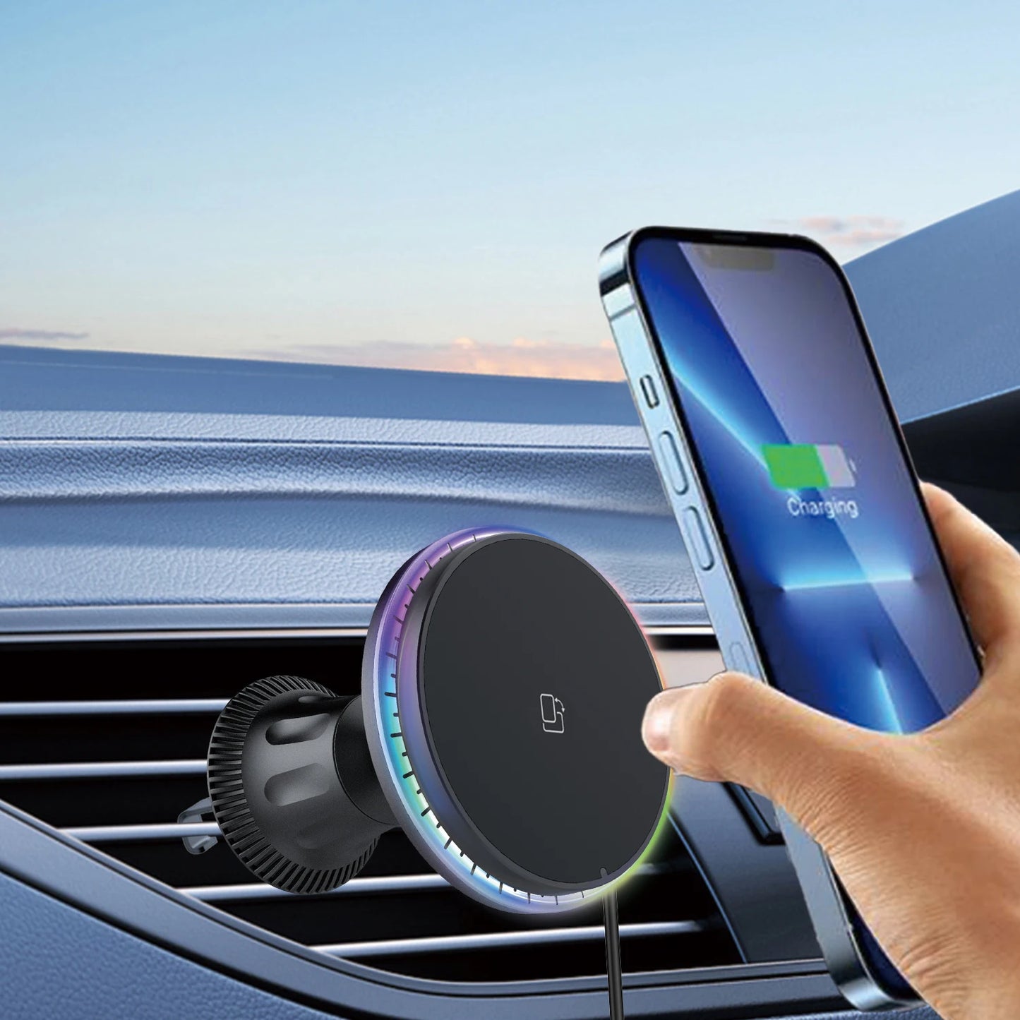 Wireless car charger, 15W fast charging magnetic phone holder, suitable for iPhone 12 13 14 15 16 Pro Max wireless car charger