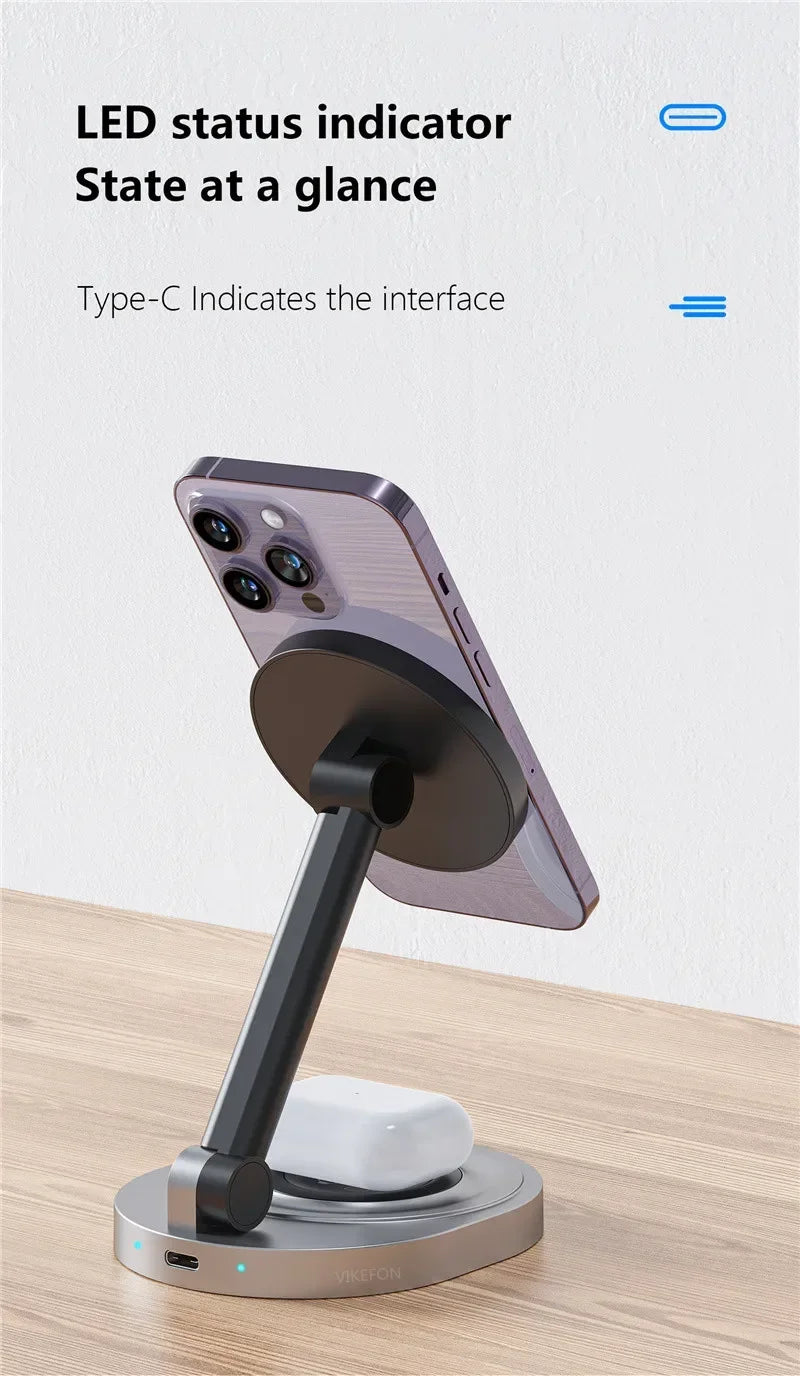 2 in 1 Folable Magnetic Wireless Charger Phone Holder Stand For Magsafe iPhone 17 16 15 14 13 12 Airpods 4/3 Pro 2 Fast Charging
