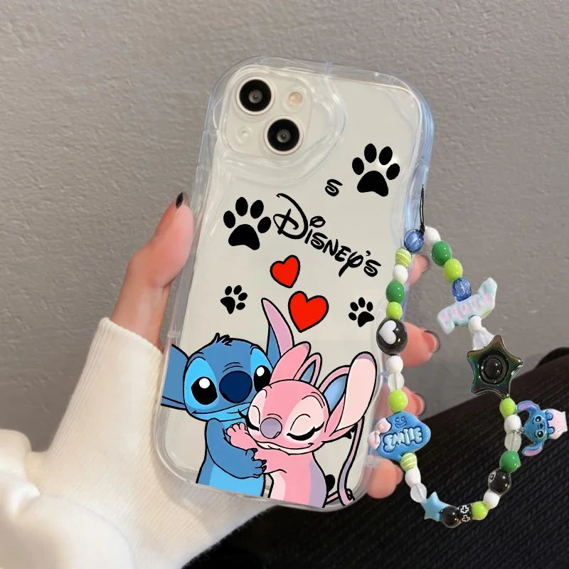 Cartoon Cute Stitch Wrist Strap Lanyard Case For iPhone 16 11 15 12 Pro Max 13 Mini 14 Plus 16e 7 8 Plus XR SE Shockproof Cover