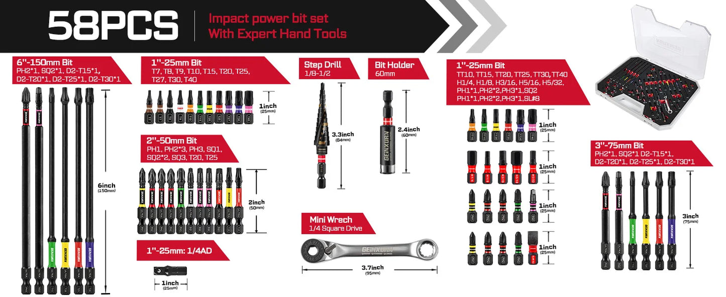 Geinxurn 58Pcs Tools Set Packaged with Impact Screwdriver Bits,Mini Wrech,Step Drill,Socket Adapter and Bit Holder for DIY