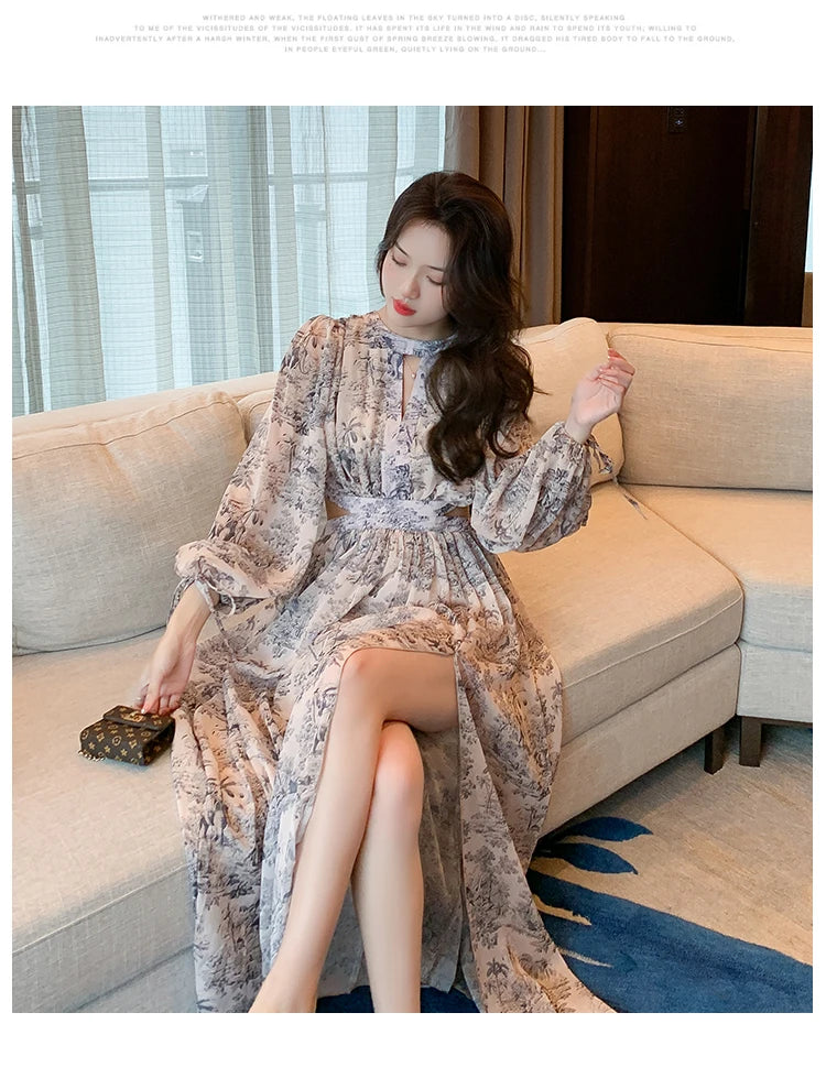 Elegant Boho Vintage Dress 2025 Spring Casual Printed Maxi Vestido Woman Sexy Hollow Waist Chiffon Beach Dress Female Clothing