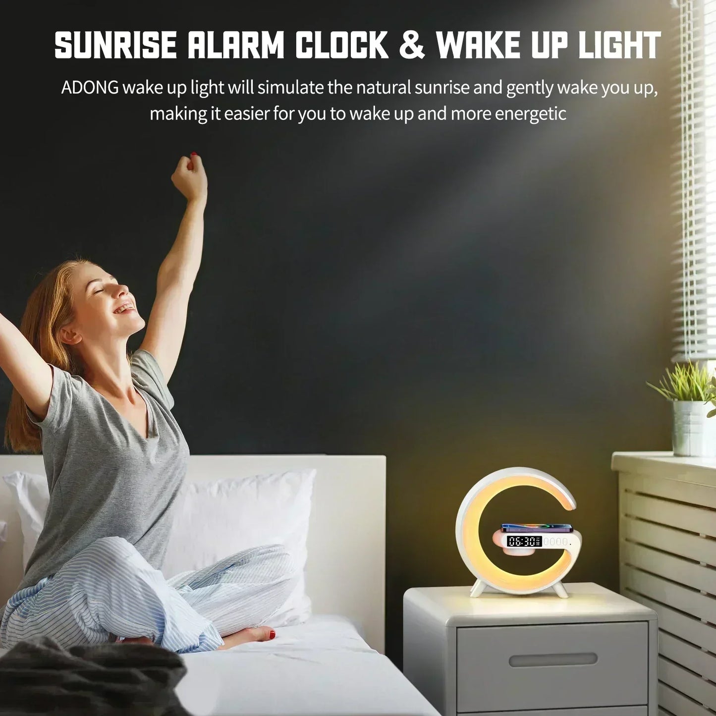 LED Smart Wake Up Light RGB Night Light with Bluetooth Speaker 15W Fast Wireless Charger Desk Lamp for Bedroom Bedside Game Room
