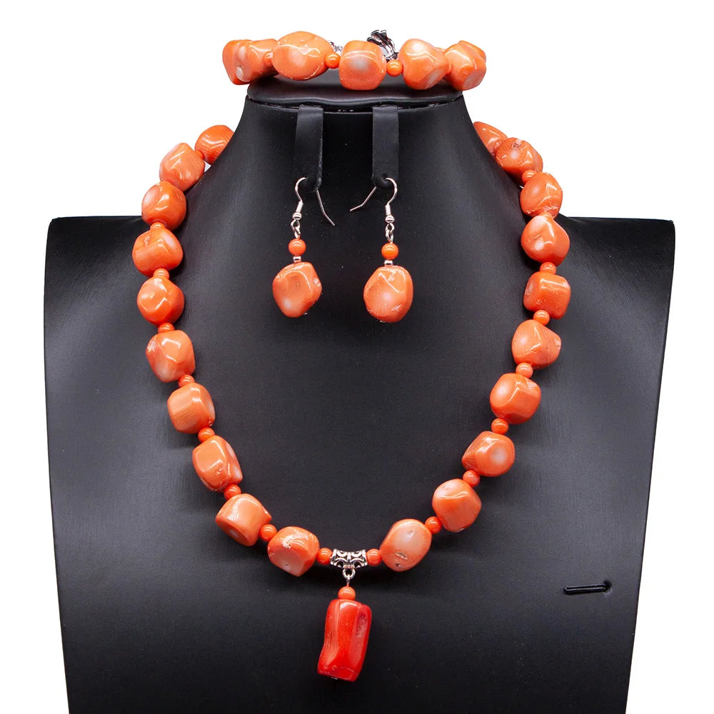 32 inches Long Orange Beads African Jewelry Set Women Bridal Party Costume Necklace Jewelry Set