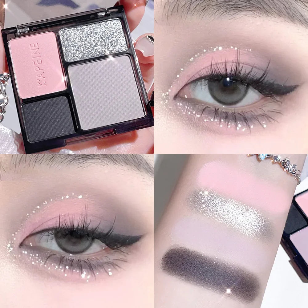 Four-color eyeshadow disc fine glitter pearlescent matte blue milk tea color mini eyeshadow student makeup