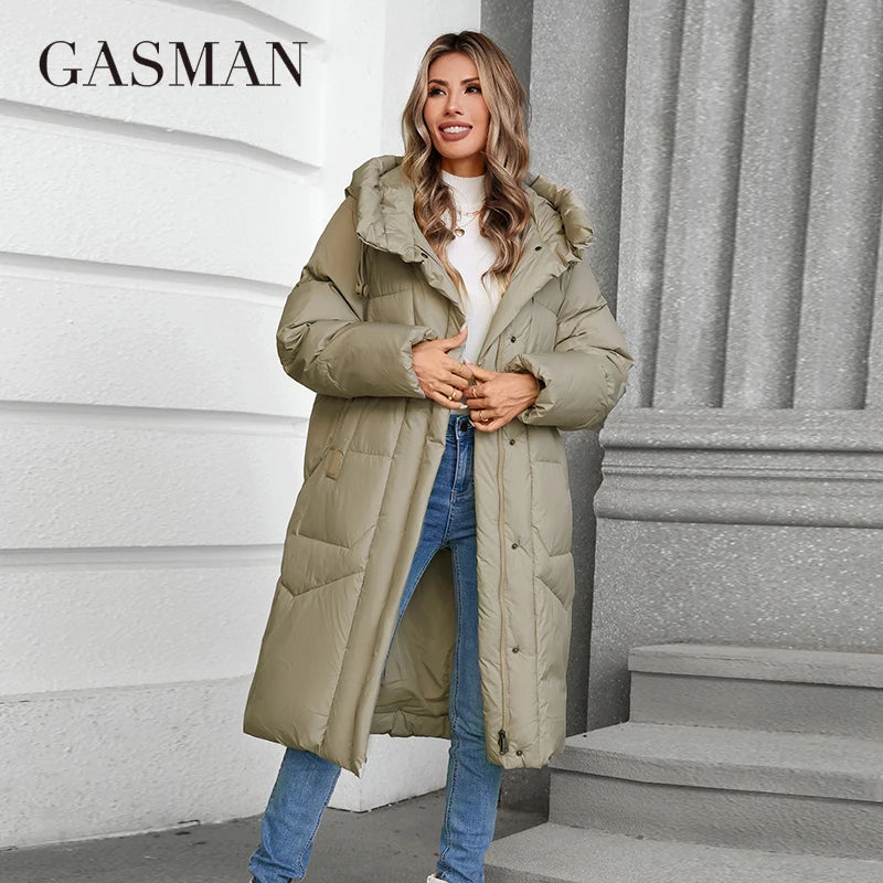 GASMAN 2024 Winter Down Jacket Women Long Classic zipper Design Pocket Stand Collar Hooded Slim Coat Women Parkas 88590