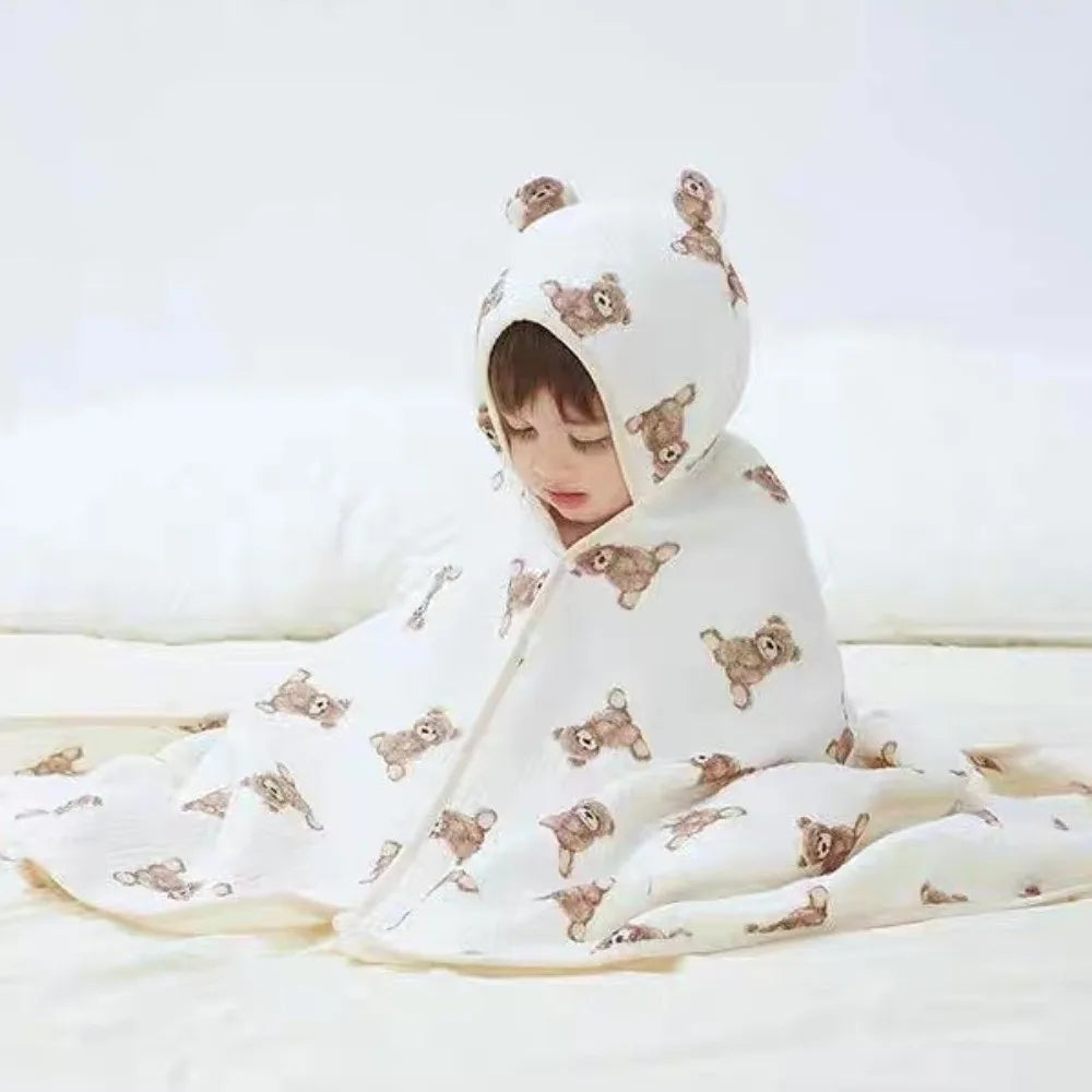 Warm Cartoon Printed Baby Gauze Bath Towel Four Layer Soft Cartoon Cloak Towel Comfortable Absorbent Hooded Bathrobe Children