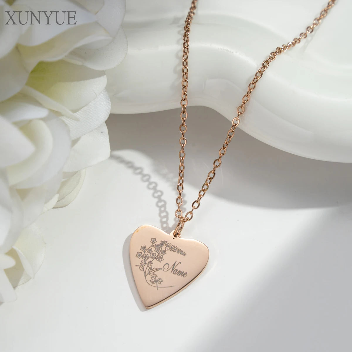 Customized  Heart Stainless Steel Necklace Creative DIY Engraving Name  Birthday Month Flower Pendant Personalized Accessories
