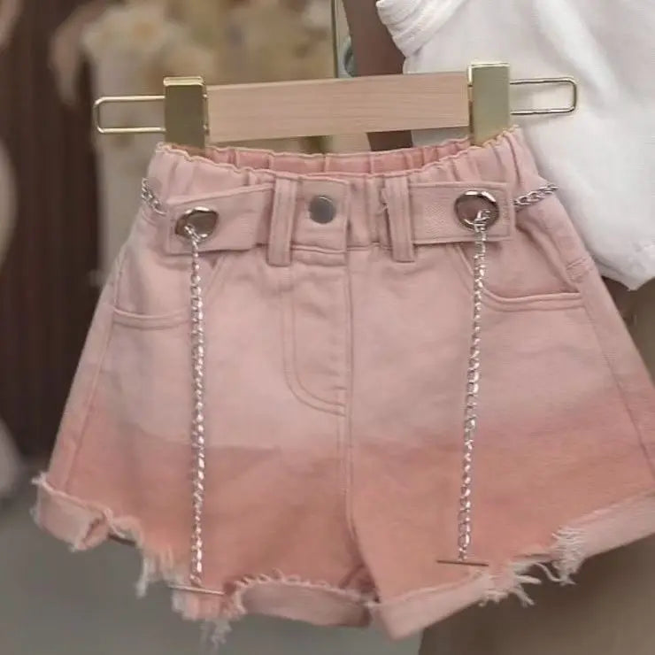 Girls' Summer Clothing Set 2025 New Children's Tank Top Denim Shorts Two Piece Set Girls' Elegant Summer Fashion