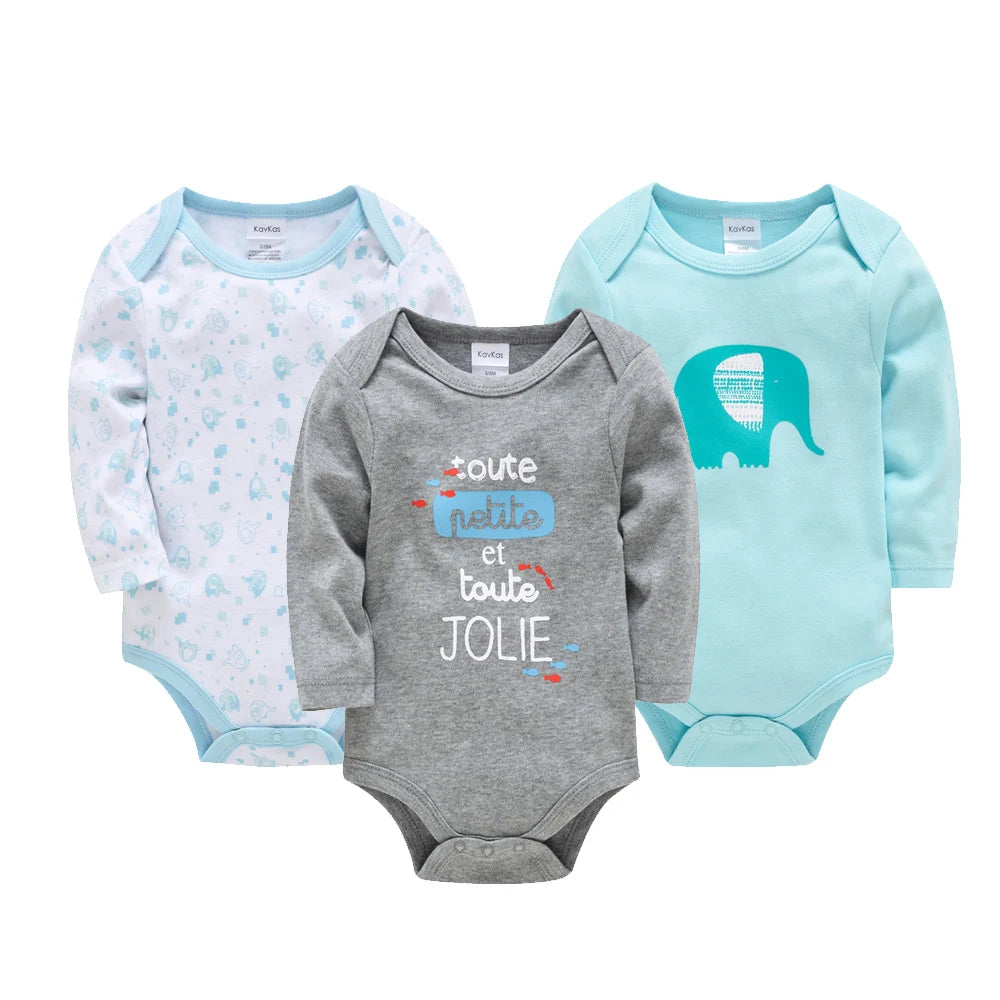 Baby Bodysuit Long Sleeve Cotton 3PCS Set Elephant Rocket Letter Print Infant Romper Onesie Spring Autumn Boy Girl Clothes