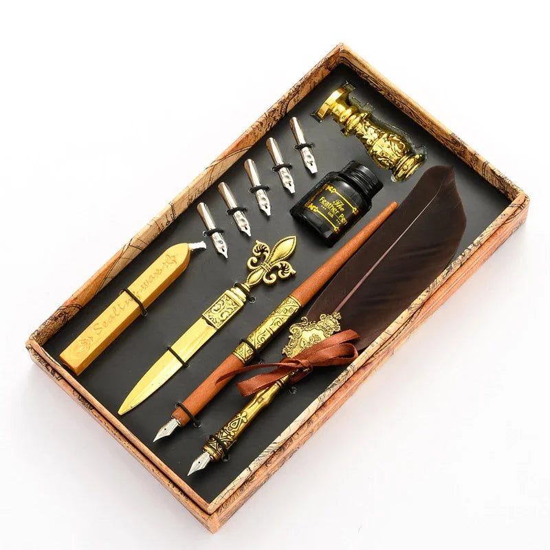 Sprinkling Gold Vintage Feather Pen Set Luxury Fountain Pen Ink Bottle Calligraphy Writing Dip Pen Nib Quill Birthday Gift Box