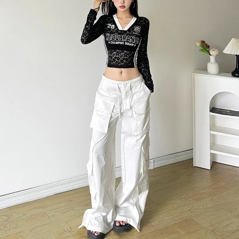 HLJ Y2K Sexy Lace Two Piece Set for Woman Letter Printing See Through Long Sleeve Crop Top + Shorts Suits Female Streetwear New
