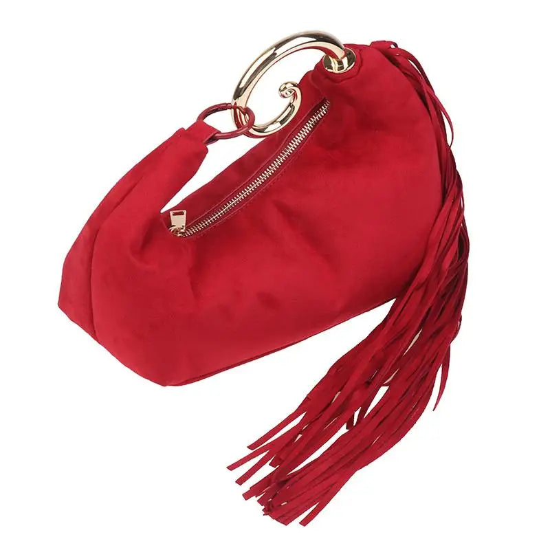 Trendy Vintage Evening Bags for Women, French Luxury Faux Suede Tassel Handbags with Durable Metal Handle