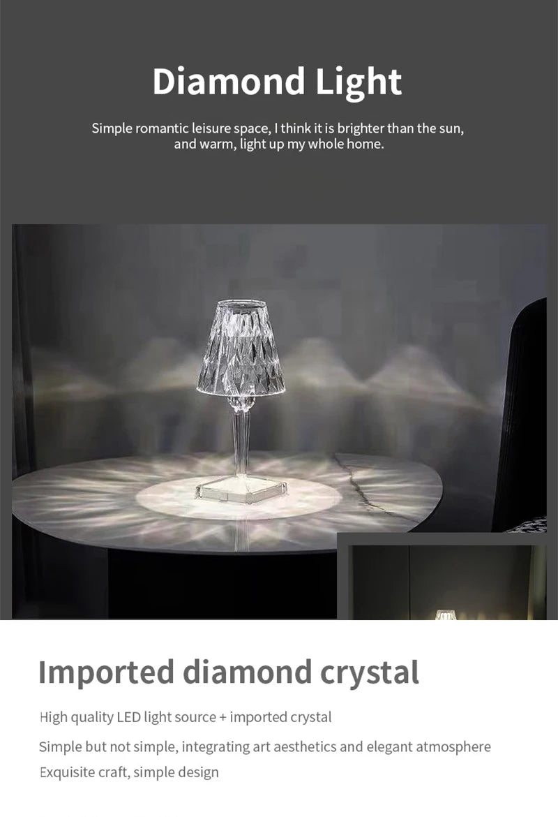 Portable Modern Acrylic Diamond Table Lamp with Crystal -Wireless Night Light for Bedroom Decor and Desk Use Including Lampshade