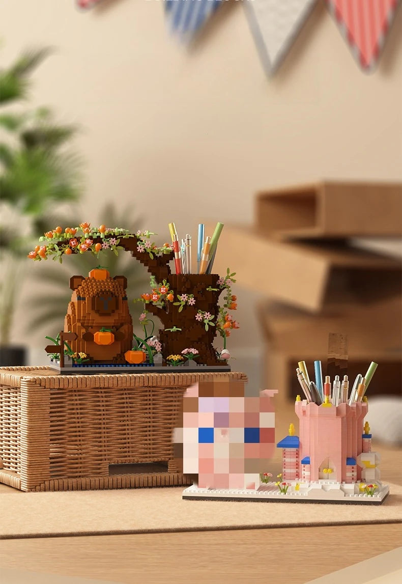Capybara Building Block Pen Holder Multi-Function Desk Organizer for Office Supplies Cosmetics Birthday Gift Desktop Decoration