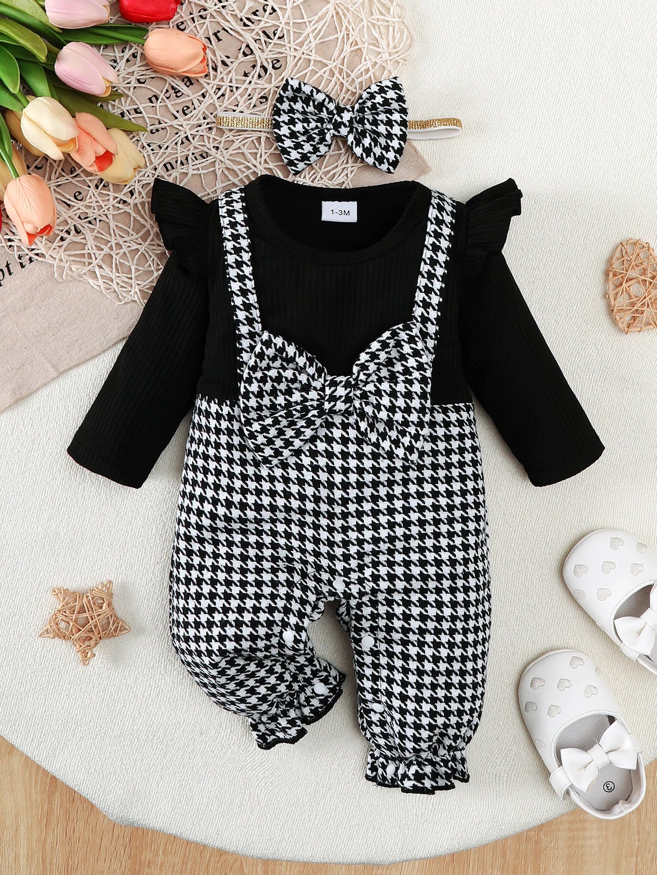 Winter 0-1 Years Old  Infant Baby Girls  Ribbed Fabric Splice  Houndstooth  Long Sleeved Jumpsuit  With  Hairband