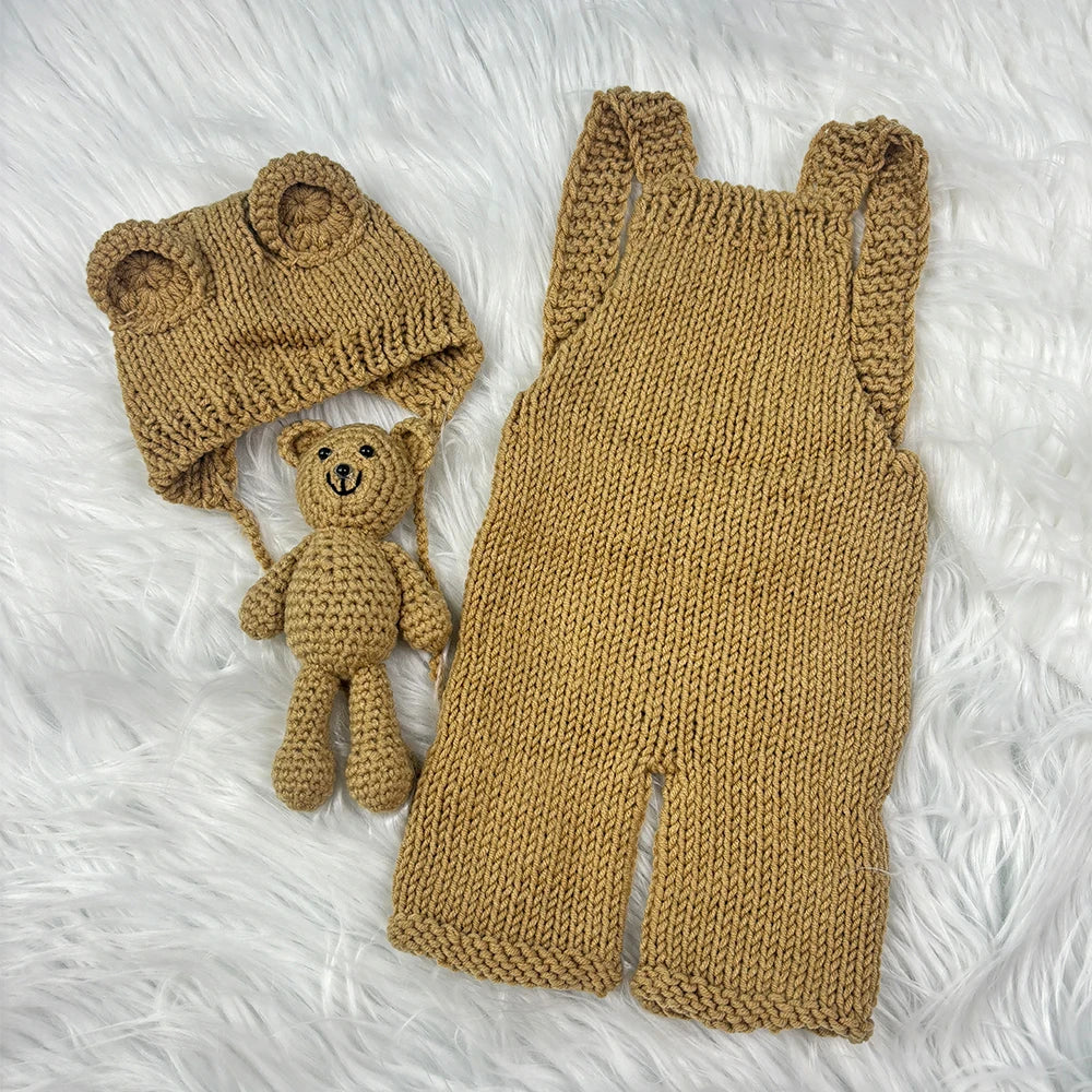 3pcs Baby Cute Costume Newborn Photography Props Crochet Knitted Bear Ear Hat, Bear Doll and Overalls Sets Studio Photos Outfits