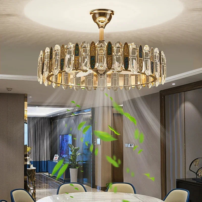 Crystal Ceiling Fan Lamp Modern Living Room Dining Room Remote Integrated Ceiling Fan Light Home Bedroom Study Silent Fan Lights