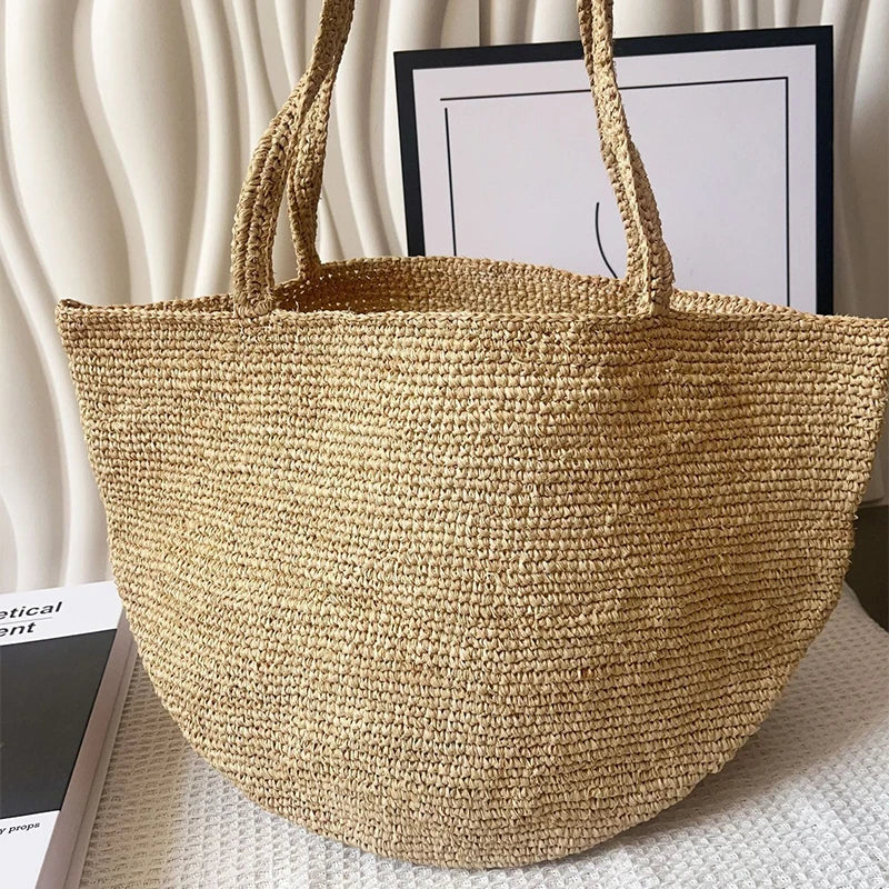 Summer Handmade Raffia Woven Bag, Women's Simple Fashion Shoulder Tote, Beach Vacation Straw Purse,Casual Lightweight for Travel