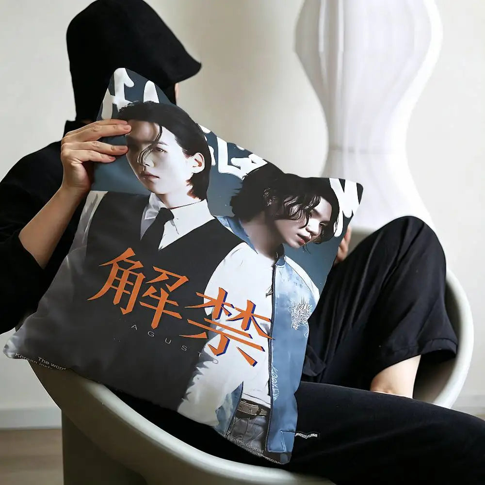 Kpop Singer S-Suga A-Agust D Office Cushion Pillowcase Car Cushion Cover45X45CM Lumbar Pillowcase Sofa Pillowcover
