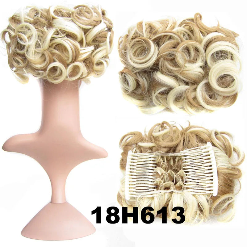 Synthetic Curly Messy Bun With Combs Scrunchie Chignon Dish Hair Bun Extension Clip in Hair Bun Hairpiece for Women Girls