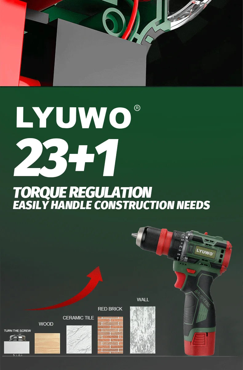 LYUWO Brushless Cordless Electric Screwdriver Kit with Fast-Charging Battery,LED Work Light&Ergonomic Grip(Drill/Driver 2-in-1)