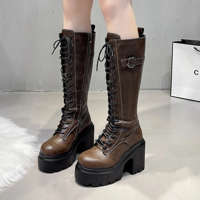 Knee High Women's Boots Lace Up High Heels Shoes Platform Chelsea Boots Winter 2025 Sexy Snow Long Boots Zip Pumps Mujer Botas