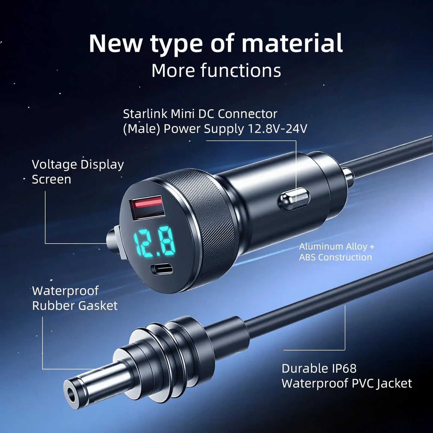 3-in-1 Starlink Mini Cable 3M/5M High Speed Charging USB C/USB A Ports,12-24V Starlink mini car Charger to DC Cable Waterproof