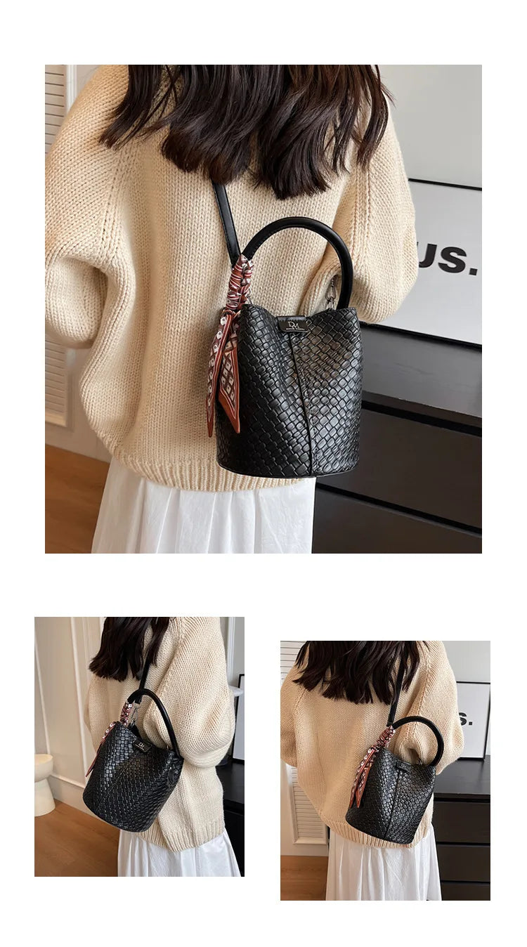 Women's Woven Bucket Bags Crossbody Purse, Elegant Tote for Travel & Formal Events, Durable Wipe-Clean Luxury Handbag