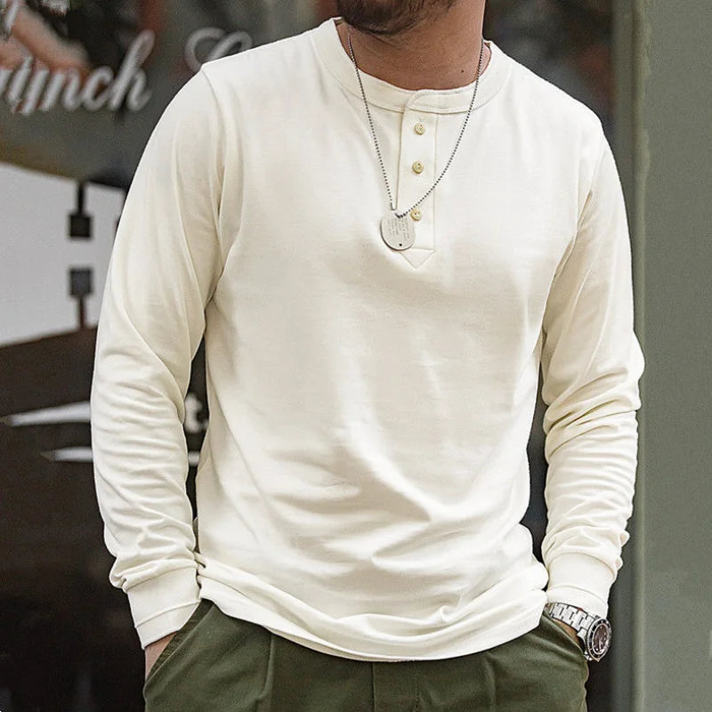 Vintage Daily Stand Neck T-shirt Men's Solid Patchwork Button Trendy Temperament Simple Cotton Long Sleeved Top JJ356