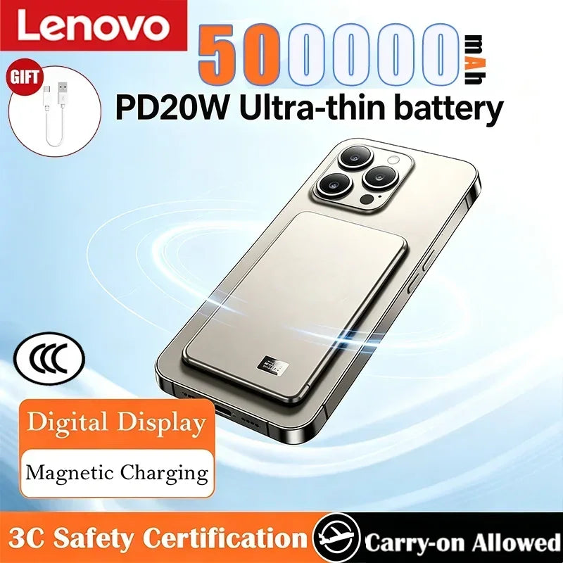 Lenovo 500000mAh CCC Certified Magnetic Ultra Thin Wireless Portable Power Bank Super Fast Charging LED Display Pack For MagSafe