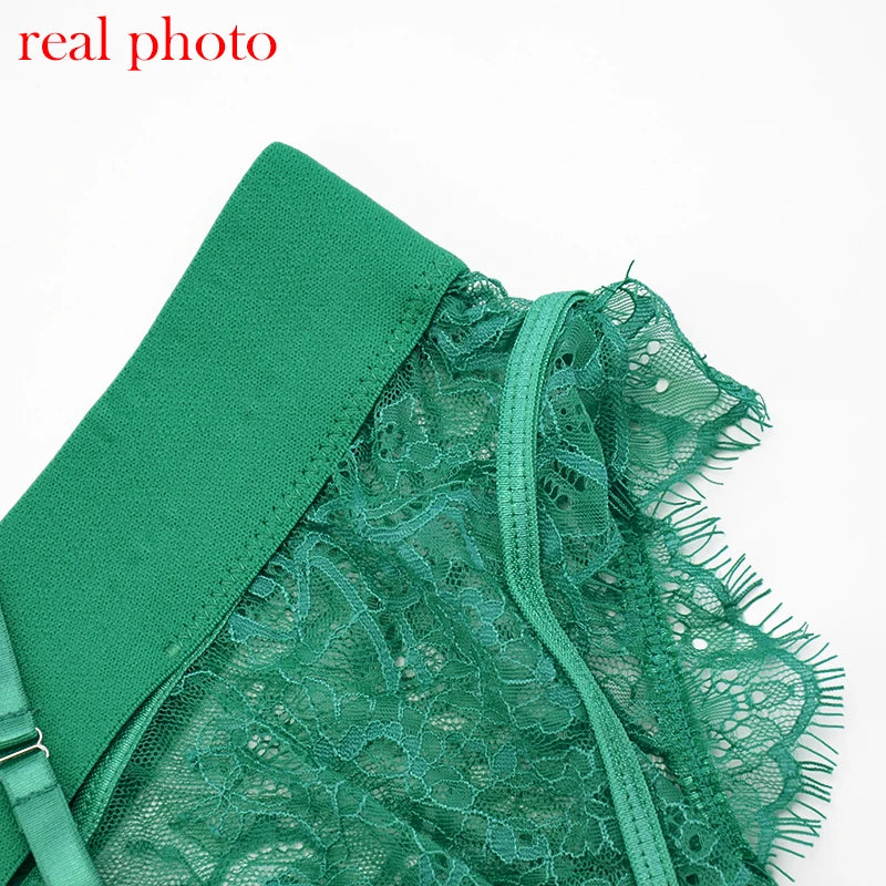 Sexy Bra Green Lingerie For Woman Erotic Underwear Set Lace Bandage Bralette Set Sexy Push up Lenceria 3 Piece Set