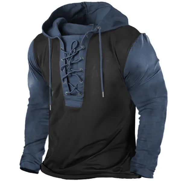 Spring and Autumn Men's Outdoor Retro Color Matching Lace-Up Hooded Long Sleeve T-Shirt for Men