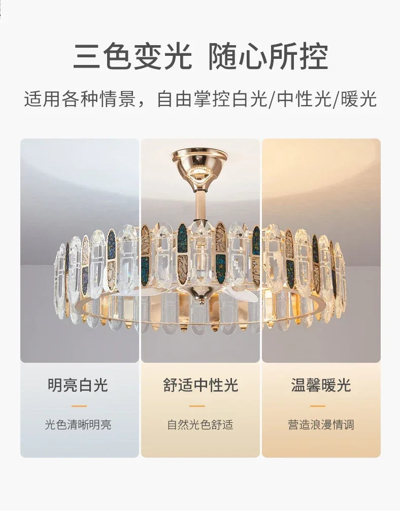 Crystal Ceiling Fan Lamp Modern Living Room Dining Room Remote Integrated Ceiling Fan Light Home Bedroom Study Silent Fan Lights