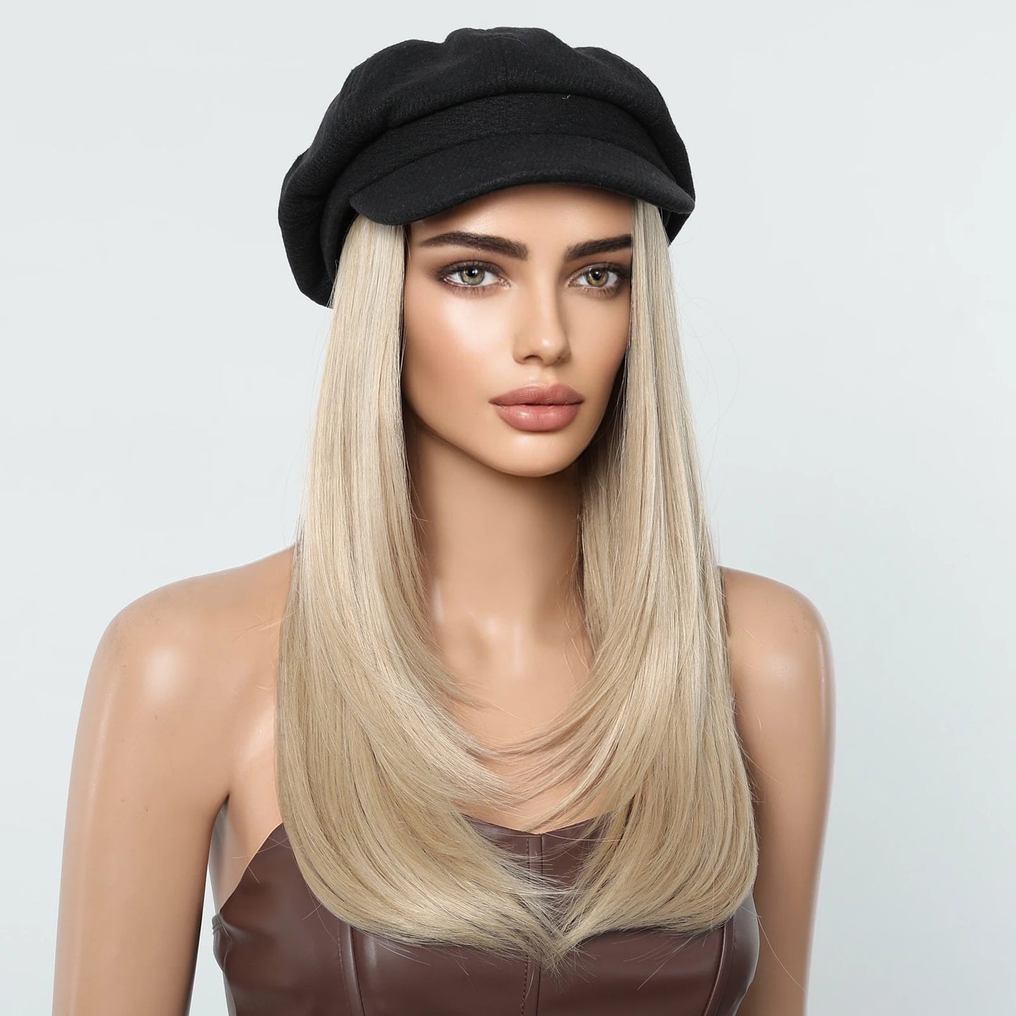 Hat Wig Blonde Hair Extension with Cap Synthetic Hair Layered Straight Wig for Women Daily Natural Heat Resistant Easy to Use